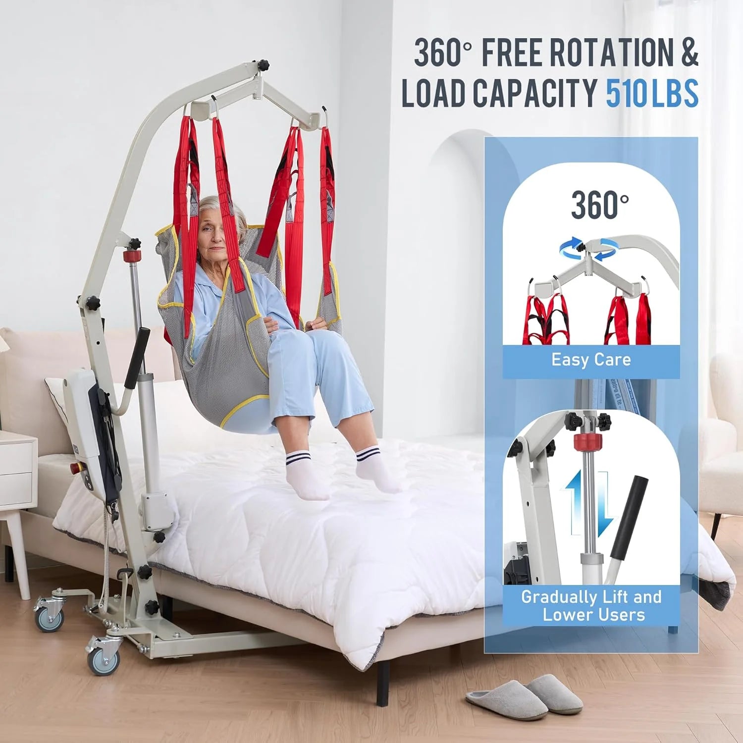 Electric Transfer Patient Lift, Medical Carbon Steel Body Transfer Lift W/Sling for Seniors, Bed & Chair Use, 510Lb Weight Capacity, White
