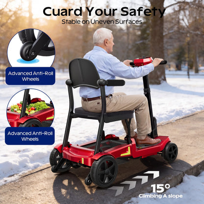 Foldable 4-Wheel Mobility Scooter for Adults, 35Lbs Ultra Lightweight Mobility Scooter, 25+ Mile Long Range, Power Scooter with Removable Dual Lithium Batteries, 300 Lbs Capacity, Red