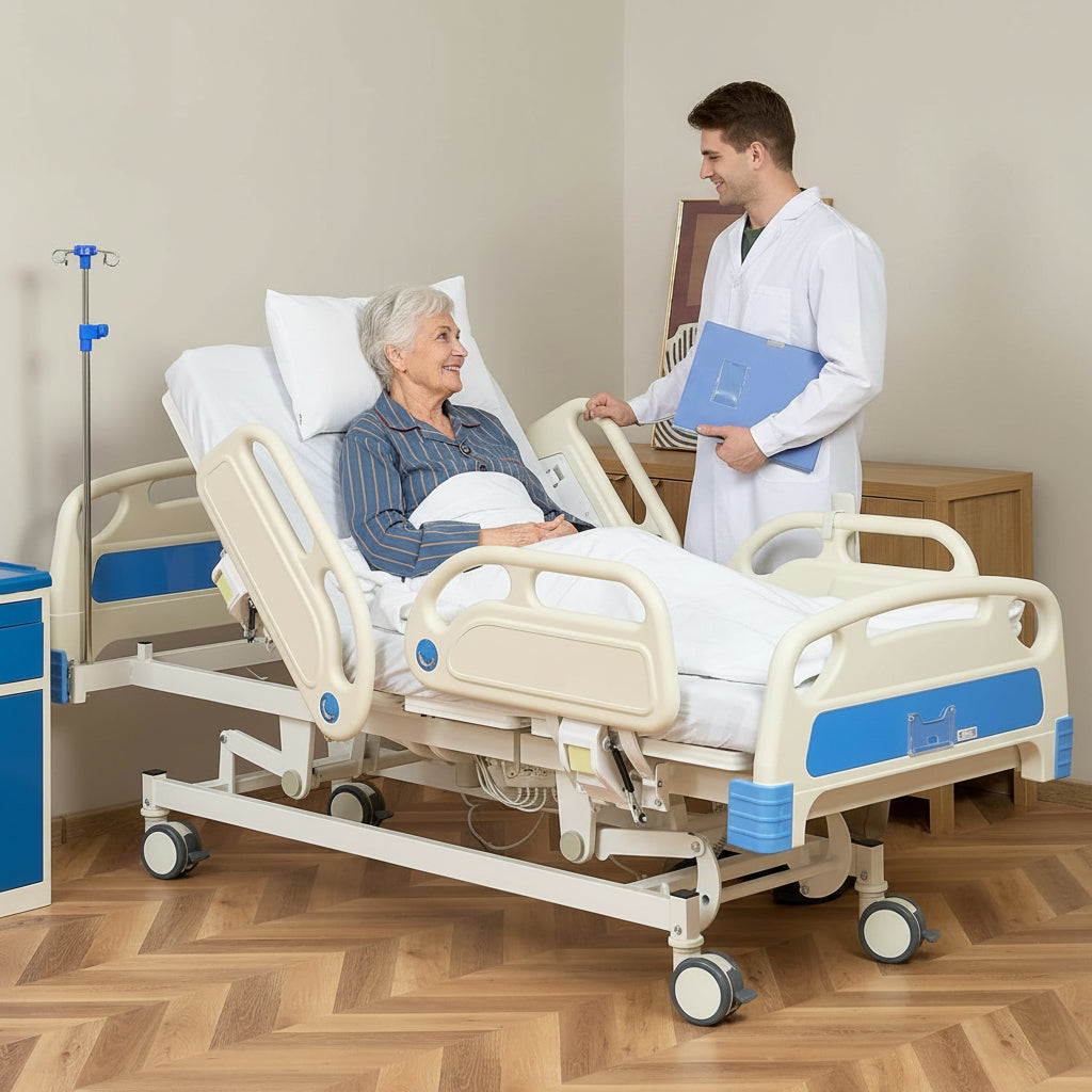Full Electric Hospital Bed for Home Use, ICU Medical Bed, Premium 5 Function Hospital ICU Bed with Remote Control, IV Pole, Mattress, 5-Inch Lockable Quiet Casters, Includes Sheets (2X)