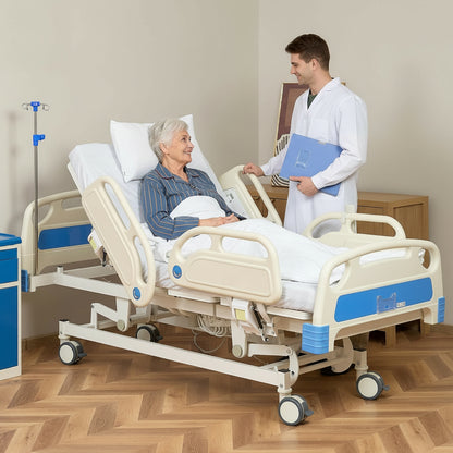 Full Electric Hospital Bed for Home Use, ICU Medical Bed, Premium 5 Function Hospital ICU Bed with Remote Control, IV Pole, Mattress, 5-Inch Lockable Quiet Casters, Includes Sheets (2X)