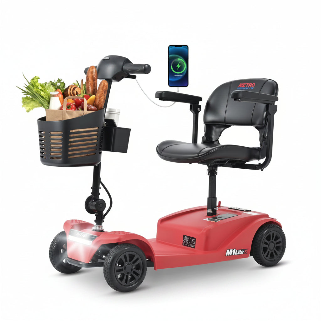 4 Wheels Mobility Scooter, Folding Lightweight Travel Mobility Scooter with Front & Rear LED Light, Heavy Duty Electric Motorized Scooters for Seniors Adults, Compact Mobility Scooter, Red