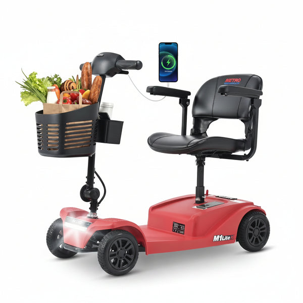 4 Wheels Mobility Scooter, Folding Lightweight Travel Mobility Scooter with Front & Rear LED Light, Heavy Duty Electric Motorized Scooters for Seniors Adults, Compact Mobility Scooter, Red