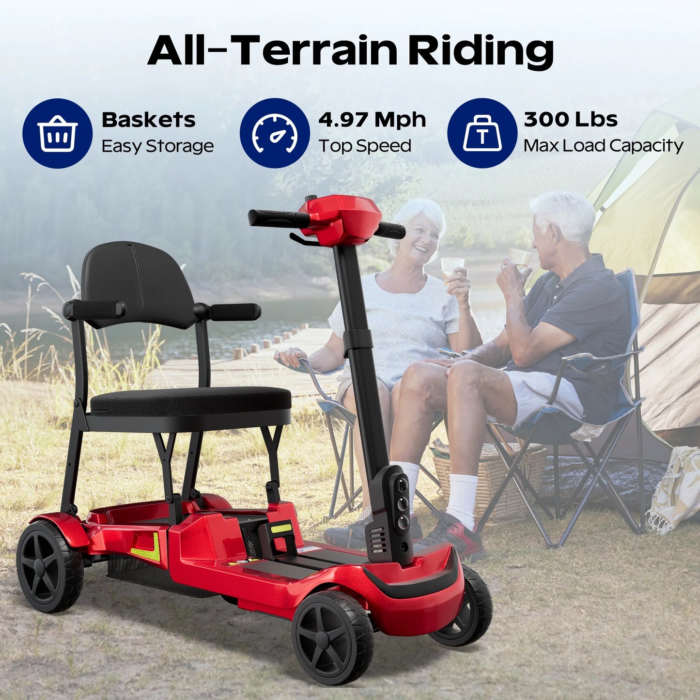 Foldable 4-Wheel Mobility Scooter for Adults, 35Lbs Ultra Lightweight Mobility Scooter, 25+ Mile Long Range, Power Scooter with Removable Dual Lithium Batteries, 300 Lbs Capacity, Red