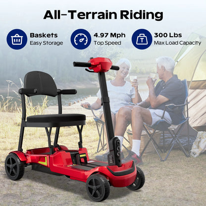 Foldable 4-Wheel Mobility Scooter for Adults, 35Lbs Ultra Lightweight Mobility Scooter, 25+ Mile Long Range, Power Scooter with Removable Dual Lithium Batteries, 300 Lbs Capacity, Red