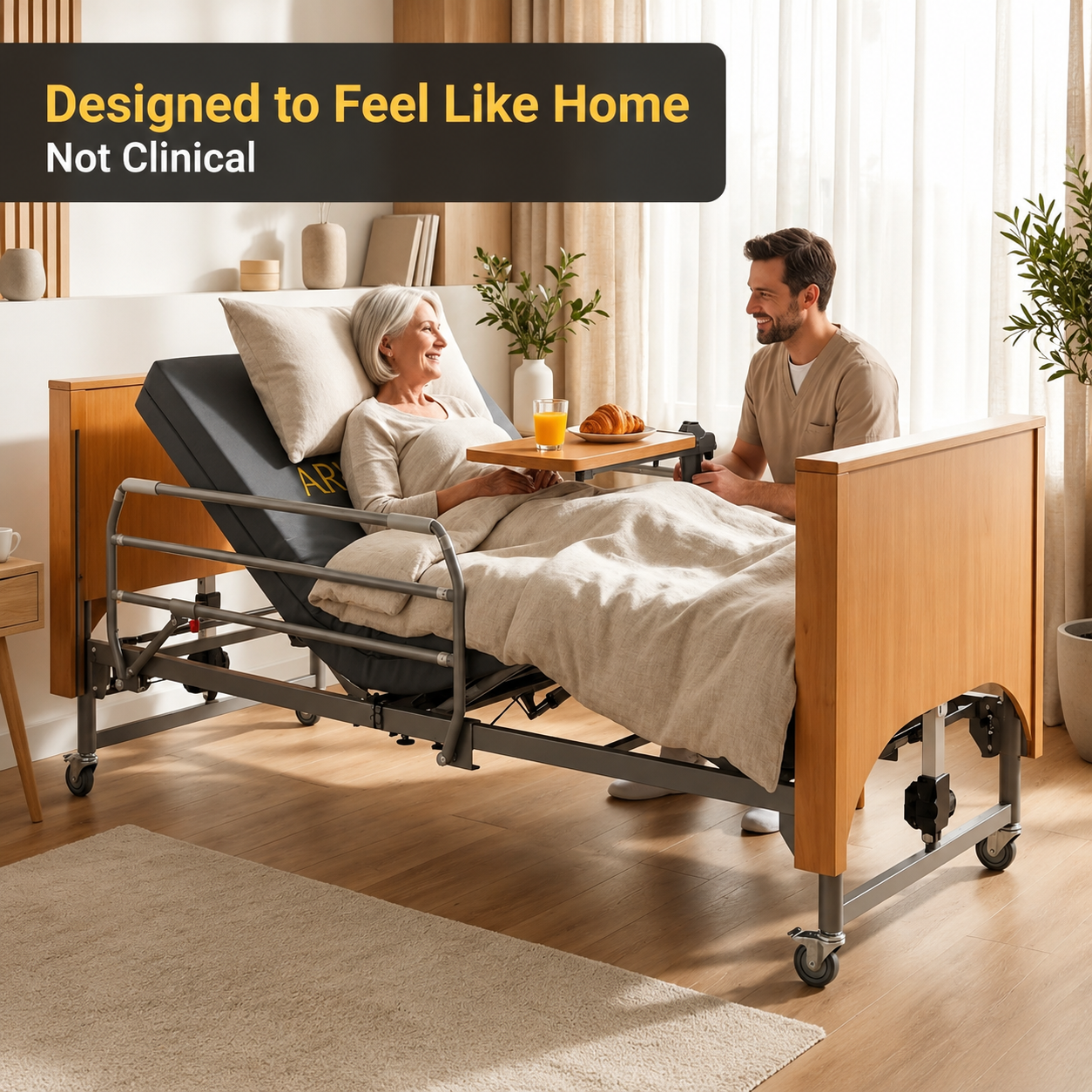 Electric Hospital Bed for Home Use – 5 Functions, Advanced German LIMOSS Motor, Ultra-Low 8.5"–25" Adjustable Height, Double Solid Wood Panels with Medical Overbed Table & Foldable Rails