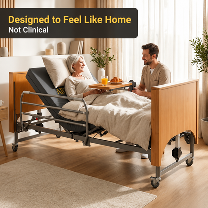 Electric Hospital Bed for Home Use – 5 Functions, Advanced German LIMOSS Motor, Ultra-Low 8.5"–25" Adjustable Height, Double Solid Wood Panels with Medical Overbed Table & Foldable Rails