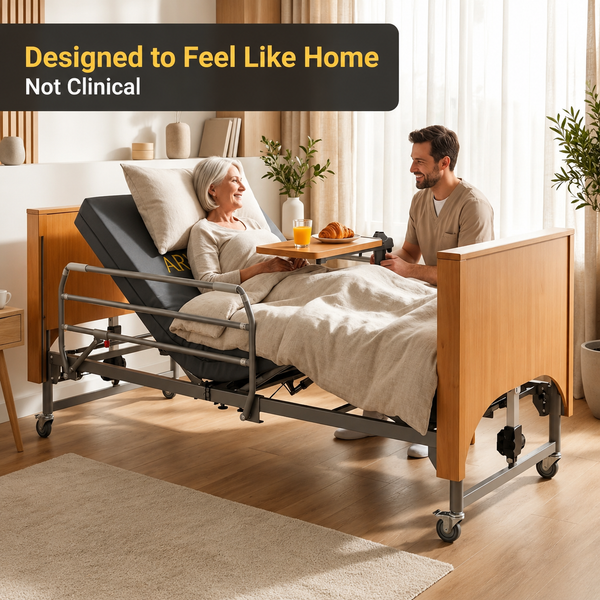 Electric Hospital Bed for Home Use – 5 Functions, Advanced German LIMOSS Motor, Ultra-Low 8.5"–25" Adjustable Height, Double Solid Wood Panels with Medical Overbed Table & Foldable Rails