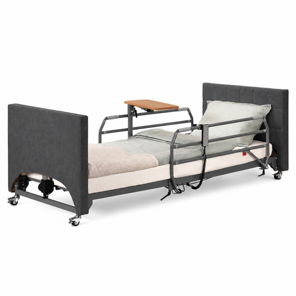 Electric Hospital Bed for Home Use – 5 Functions, Advanced German LIMOSS Motor, Ultra-Low 8.5"–25" Adjustable Height, Double Solid Wood Panels with Medical Overbed Table & Foldable Rails
