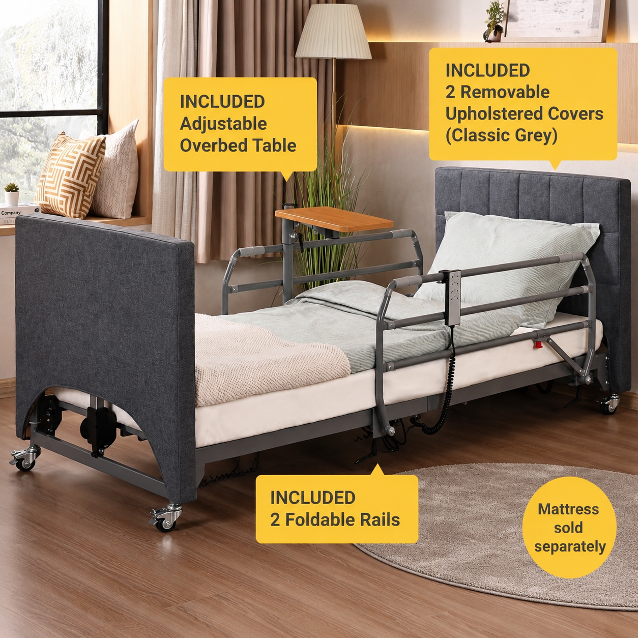 Electric Hospital Bed for Home Use – 5 Functions, Advanced German LIMOSS Motor, Ultra-Low 8.5"–25" Adjustable Height, Double Solid Wood Panels with Medical Overbed Table & Foldable Rails