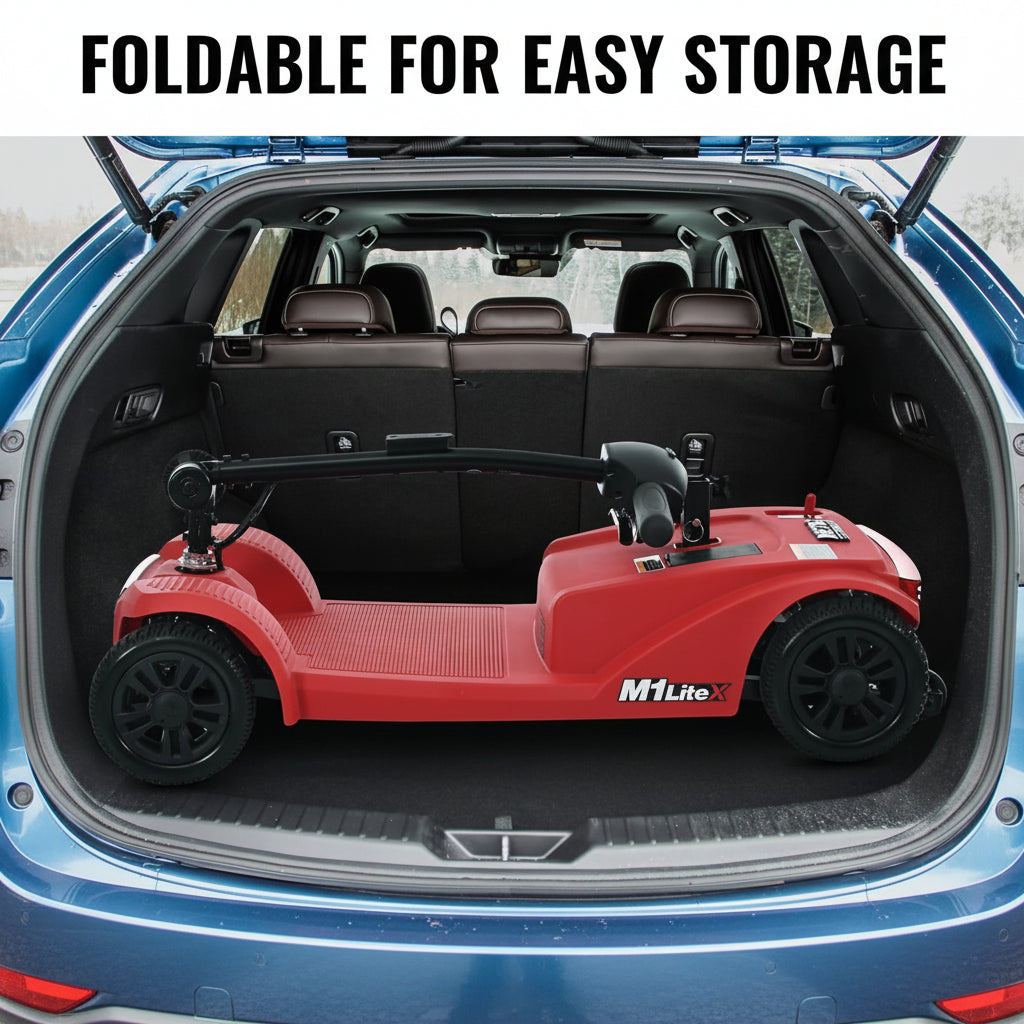 4 Wheels Mobility Scooter, Folding Lightweight Travel Mobility Scooter with Front & Rear LED Light, Heavy Duty Electric Motorized Scooters for Seniors Adults, Compact Mobility Scooter, Red