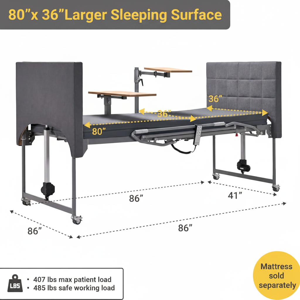 Electric Hospital Bed for Home Use – 5 Functions, Advanced German LIMOSS Motor, Ultra-Low 8.5"–25" Adjustable Height, Double Solid Wood Panels with Medical Overbed Table & Foldable Rails