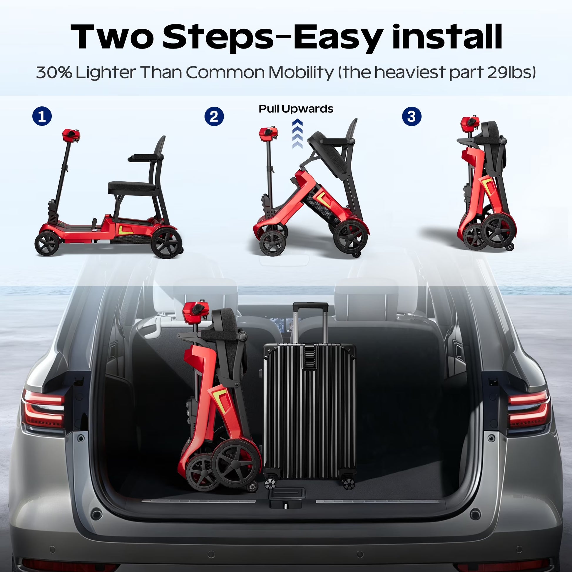 Foldable 4-Wheel Mobility Scooter for Adults, 35Lbs Ultra Lightweight Mobility Scooter, 25+ Mile Long Range, Power Scooter with Removable Dual Lithium Batteries, 300 Lbs Capacity, Red