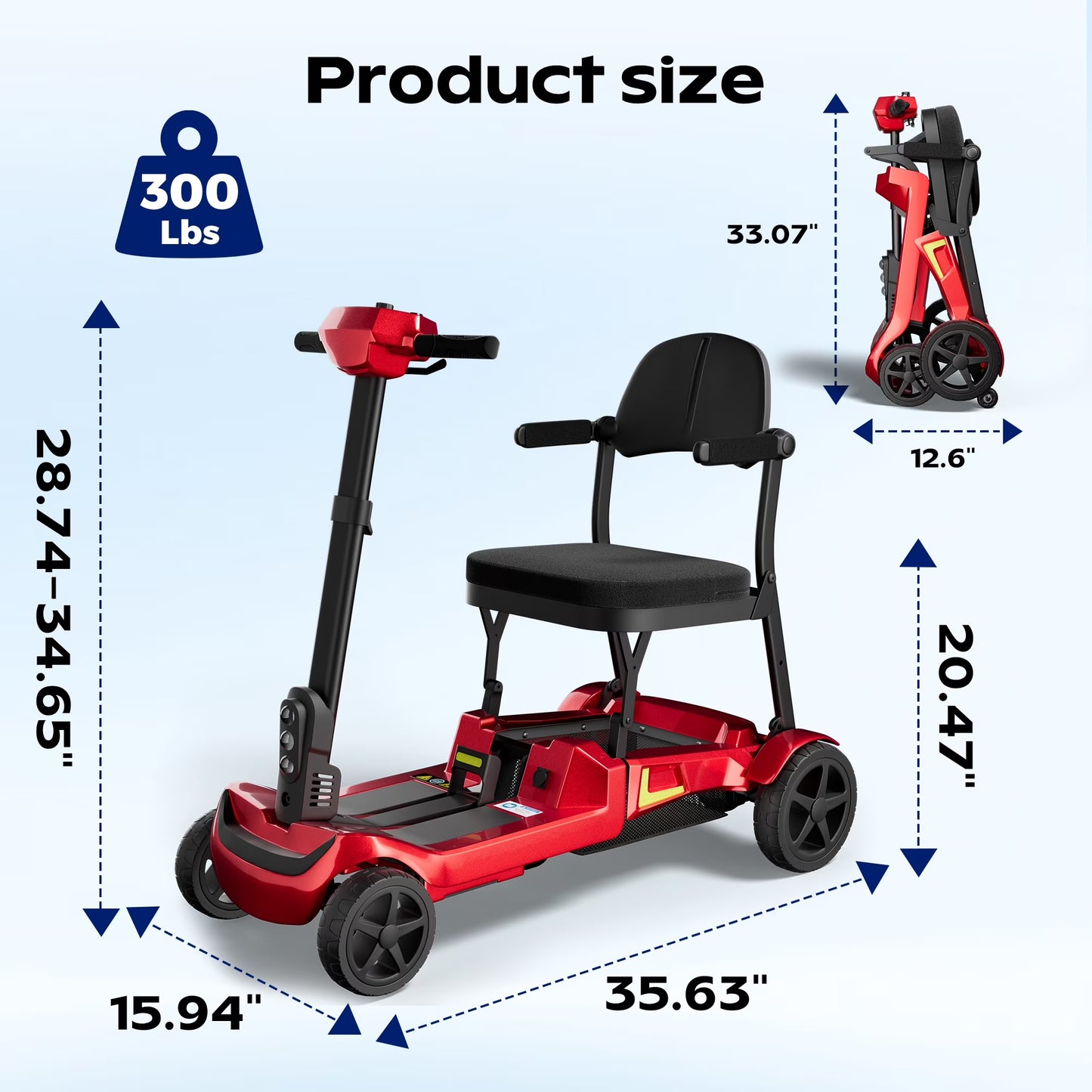 Foldable 4-Wheel Mobility Scooter for Adults, 35Lbs Ultra Lightweight Mobility Scooter, 25+ Mile Long Range, Power Scooter with Removable Dual Lithium Batteries, 300 Lbs Capacity, Red