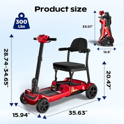 Foldable 4-Wheel Mobility Scooter for Adults, 35Lbs Ultra Lightweight Mobility Scooter, 25+ Mile Long Range, Power Scooter with Removable Dual Lithium Batteries, 300 Lbs Capacity, Red