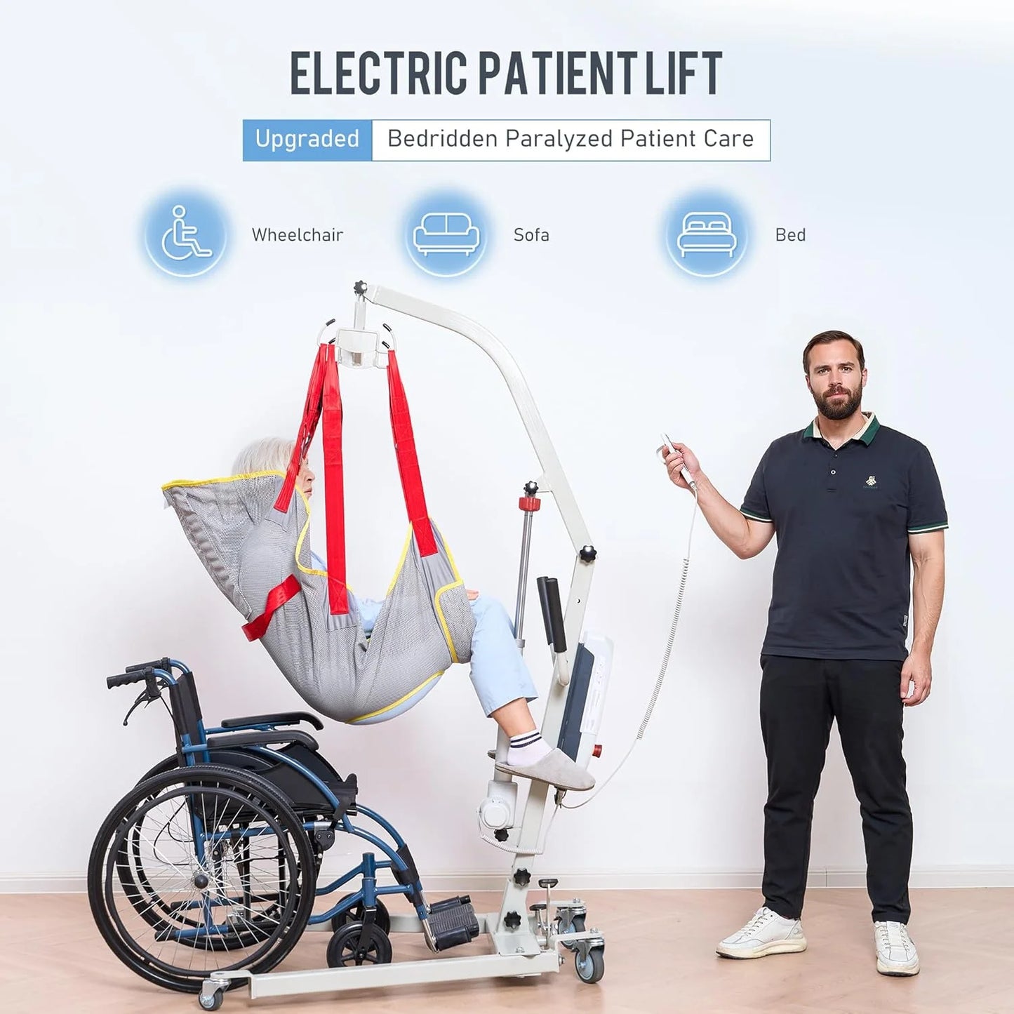 Electric Transfer Patient Lift, Medical Carbon Steel Body Transfer Lift W/Sling for Seniors, Bed & Chair Use, 510Lb Weight Capacity, White