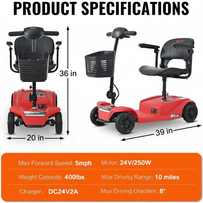 4 Wheels Mobility Scooter, Folding Lightweight Travel Mobility Scooter with Front & Rear LED Light, Heavy Duty Electric Motorized Scooters for Seniors Adults, Compact Mobility Scooter, Red